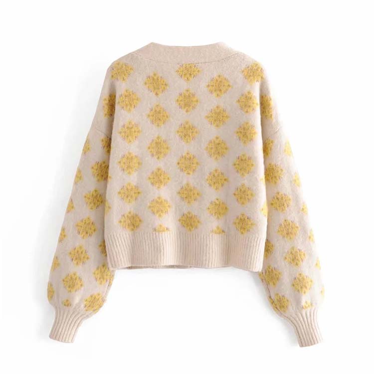 Girls' aging diamond jacquard V-Neck long sleeve high waist knitted cardigan 7157