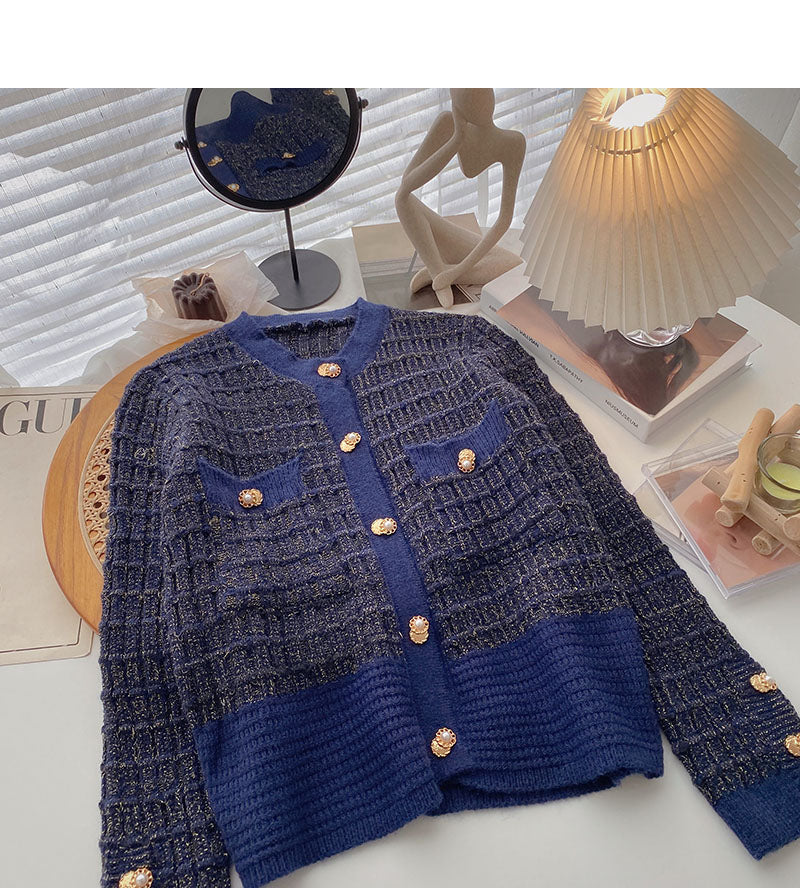 Xiaoxiangfeng gold silk knitted long sleeved single breasted plaid sweater 6065