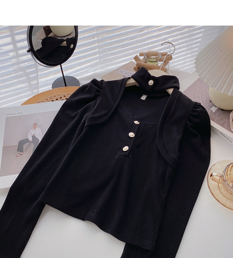 Vintage French long sleeve square neck top hanging neck sweater 6630