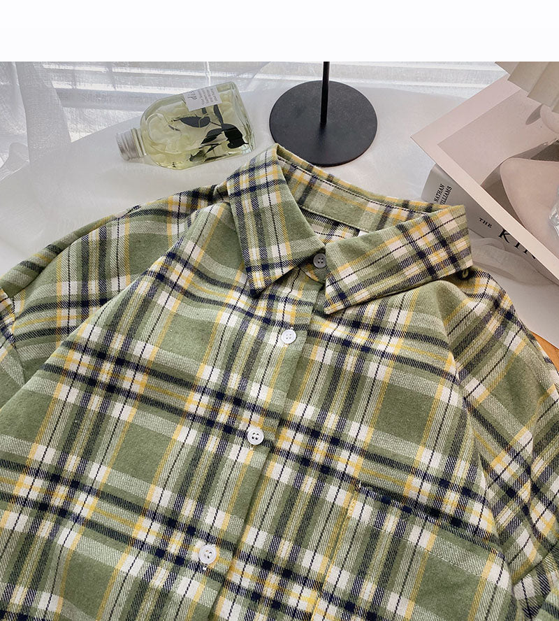 Slouchy Vintage Plaid Shirt Long Sleeve Top 6298
