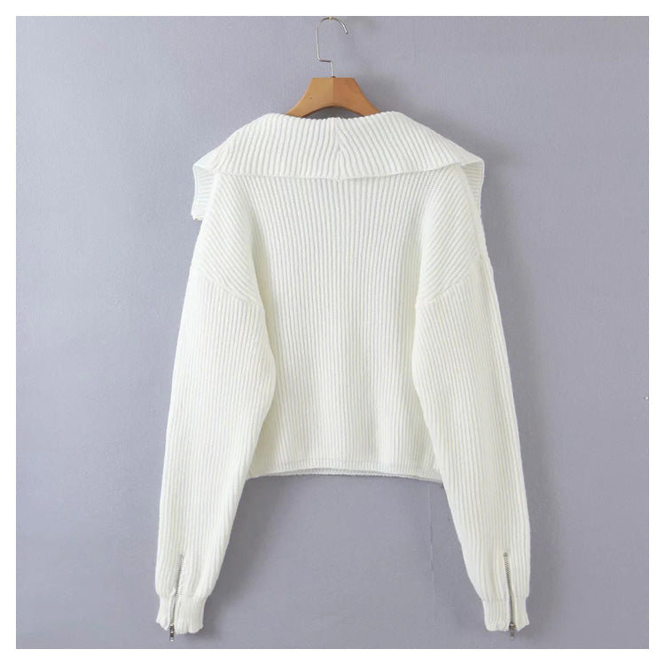 Versatile large lapel zip Pullover Sweater 7283