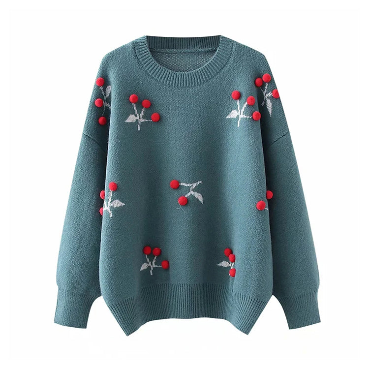 Three dimensional flower round neck Pullover knitted sweater lazy loose top 7388