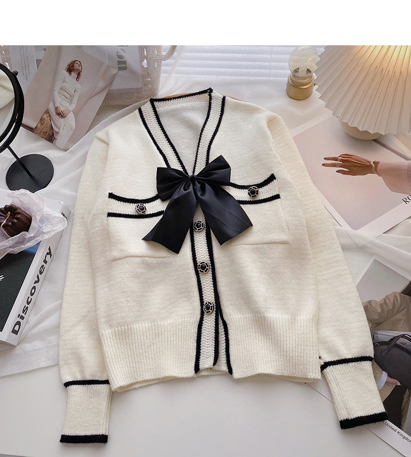 Bow V-neck Vintage sweater cardigan long sleeve top 6199