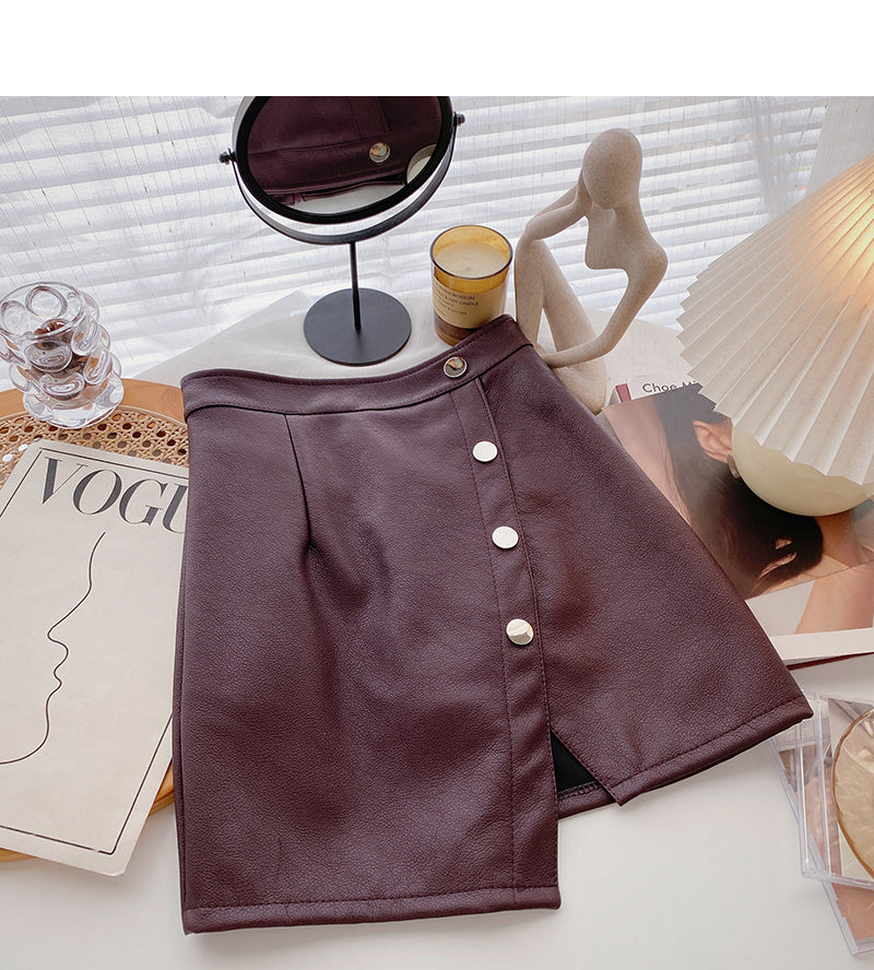 Jupe en cuir PU taille haute à simple boutonnage irrégulier et à la mode 5593