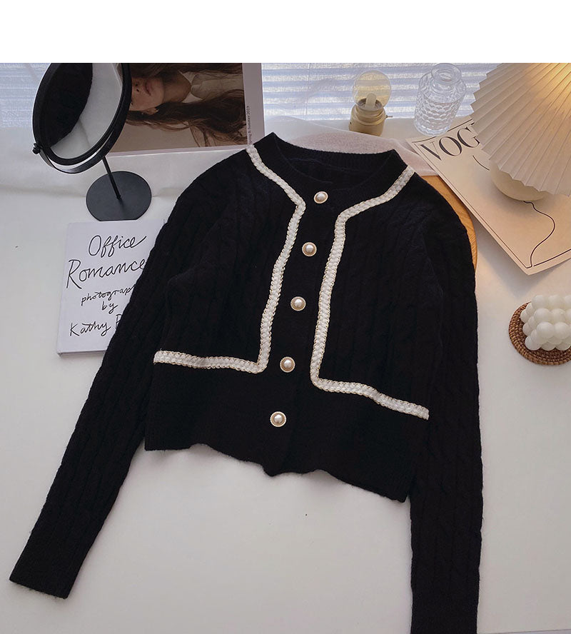 Vintage pearl buckle design sense hemp short long sleeve top 5856