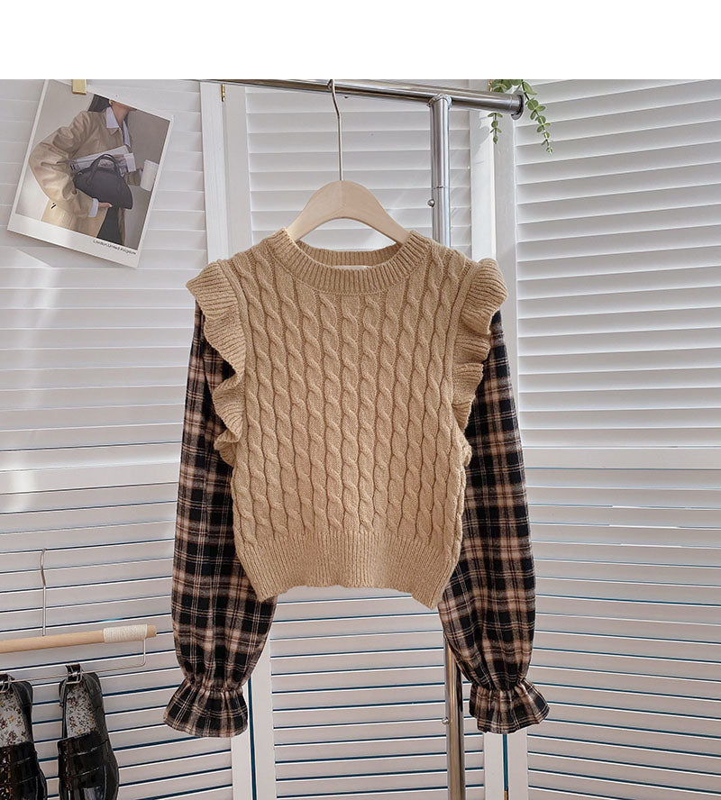 Pull à manches longues en lin tricoté à carreaux vintage 6141