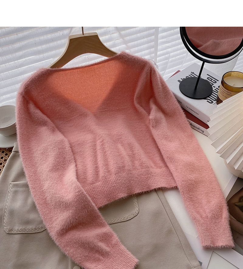 Korean version sweet foreign style V-neck short long sleeve top 5997