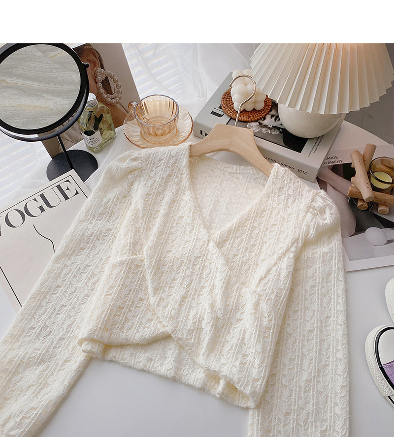 New Korean cross style short V-Neck long sleeve top 6346