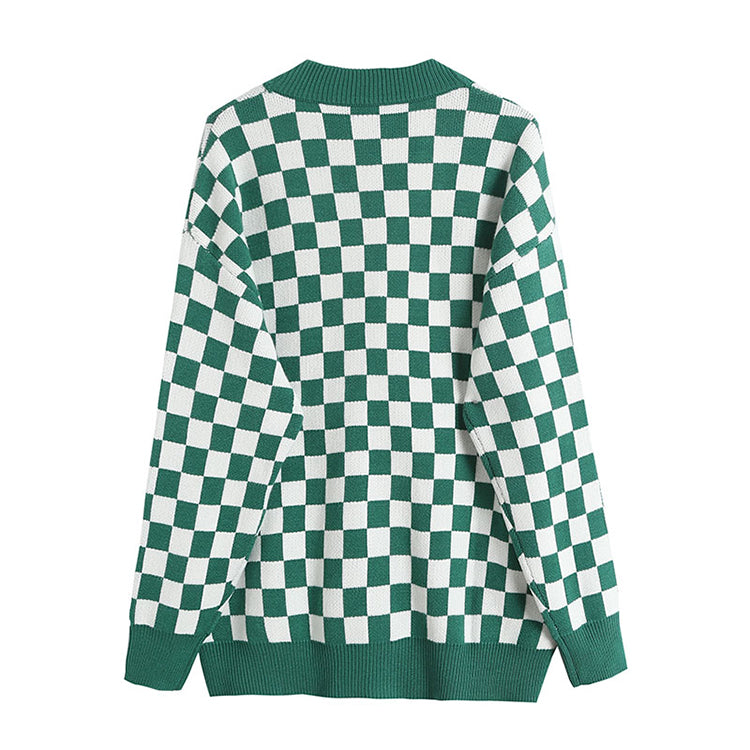 Strickjacke mit Vintage-Schachbrettmuster und V-Ausschnitt 7485