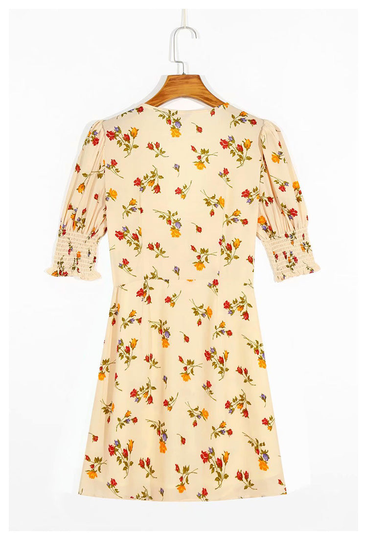 French minority V-neck retro fresh floral dress 7037