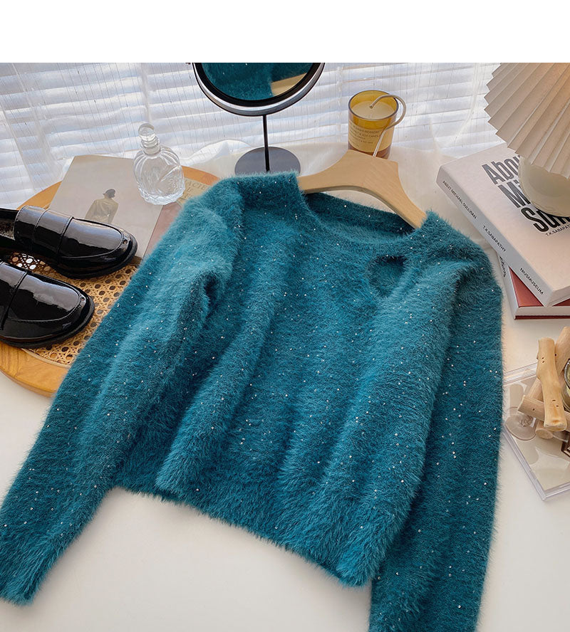 Fashionable retro Sequin cut-out crew neck pullover with niche design 6014