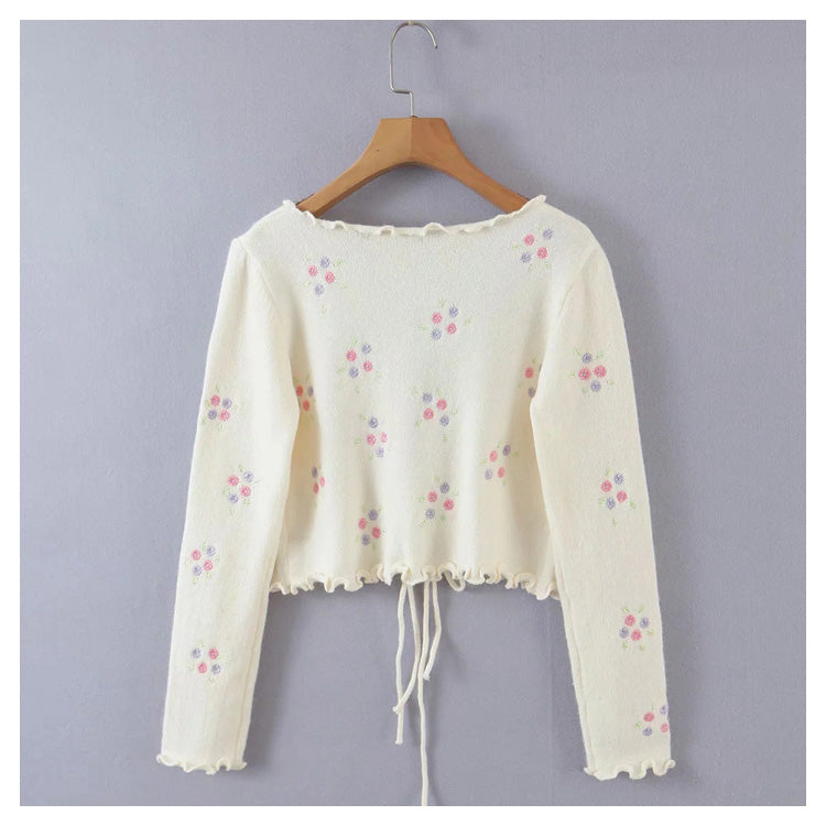 French retro fungus edge embroidered floret lace up slim knit cardigan top 7258