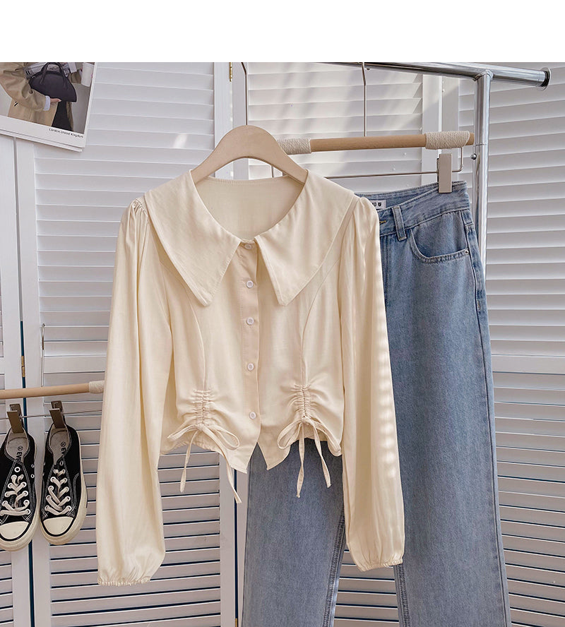 Baby collar single breasted shirt drawstring short slim top 6376