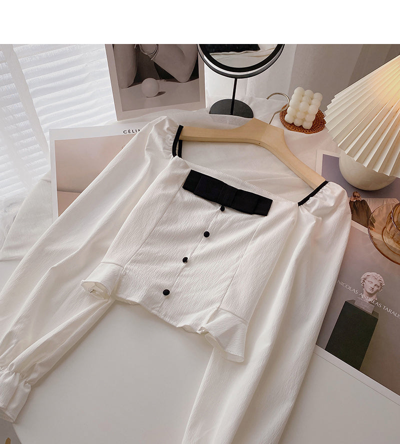 French leaky collarbone Square Neck Shirt 6415