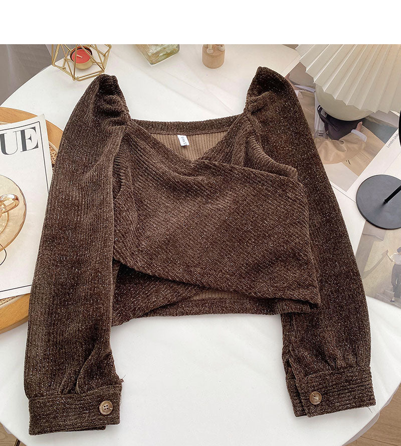 Korean irregular cross short slim long sleeve collarbone leakage top 6345