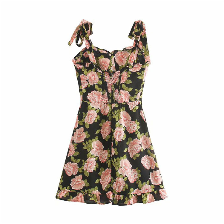 New slim slim ruffled double shoulder strap bow print dress 7071