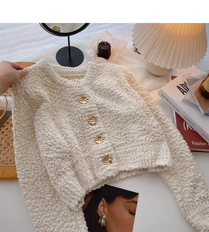 Korean version single breasted retro fashion slim short long sleeve top 5984
