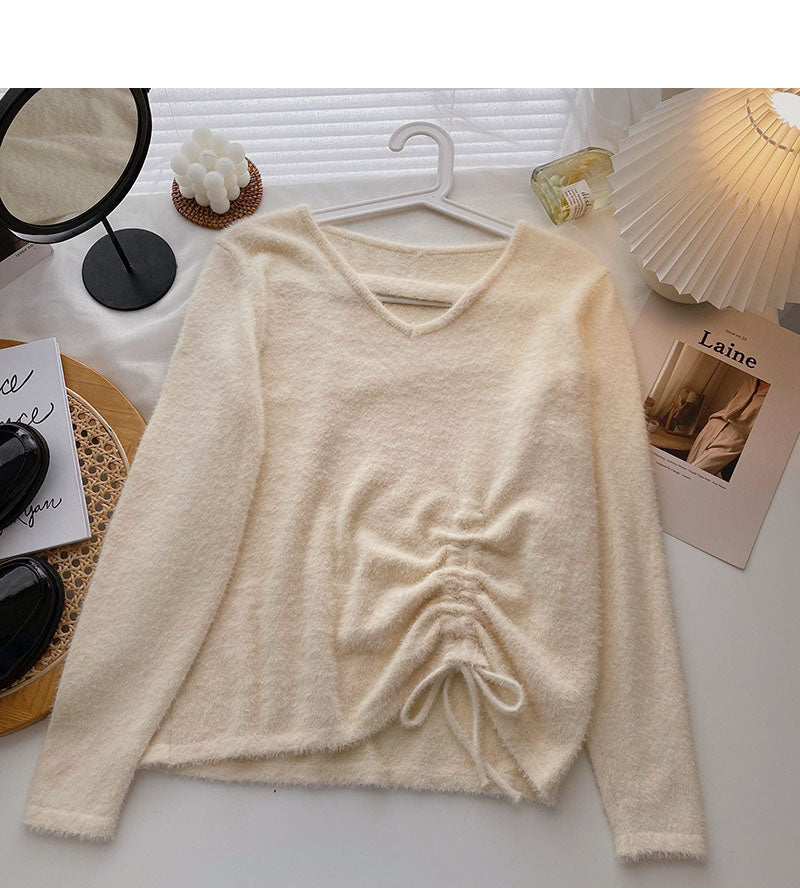 Imitation mink sweater niche V-neck drawstring slim top 6657