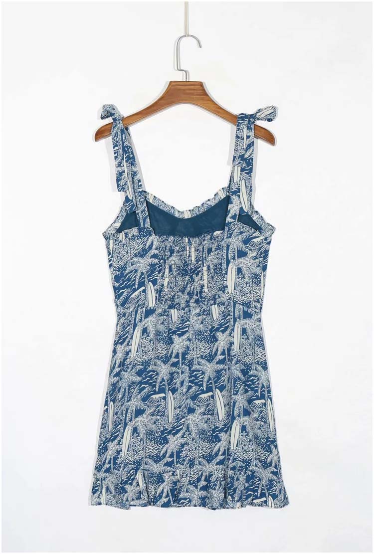 Vintage sexy V-neck open collarbone print split dress 7135