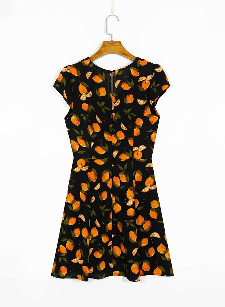 Versatile short sleeve Vintage V-neck fruit print casual dress 7060