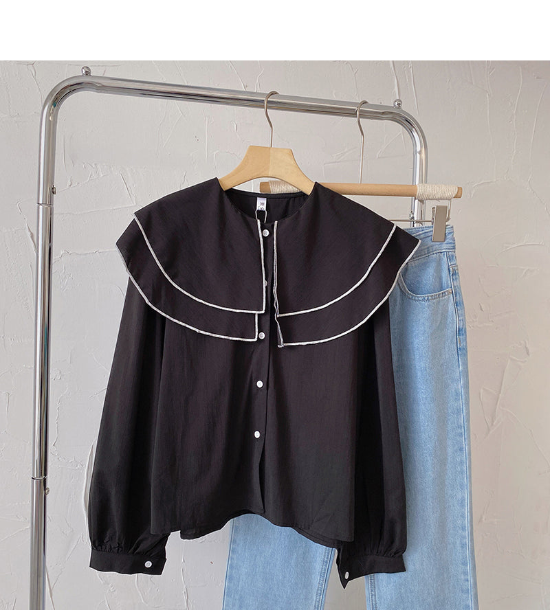 Baby collar long sleeve Vintage shirt casual loose top fashion 6431