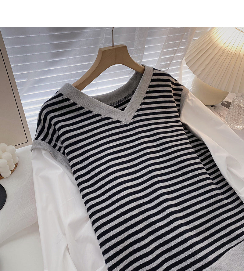 Contrast stripe V-Neck long sleeve shirt 6315