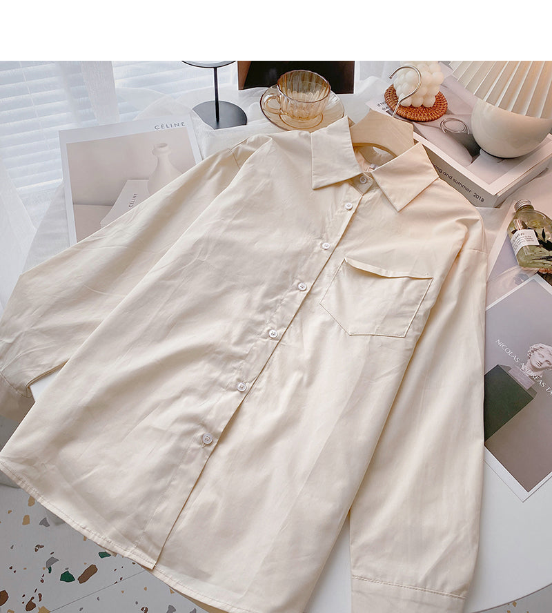 Solid long sleeve shirt versatile simple Lapel cardigan top 6417