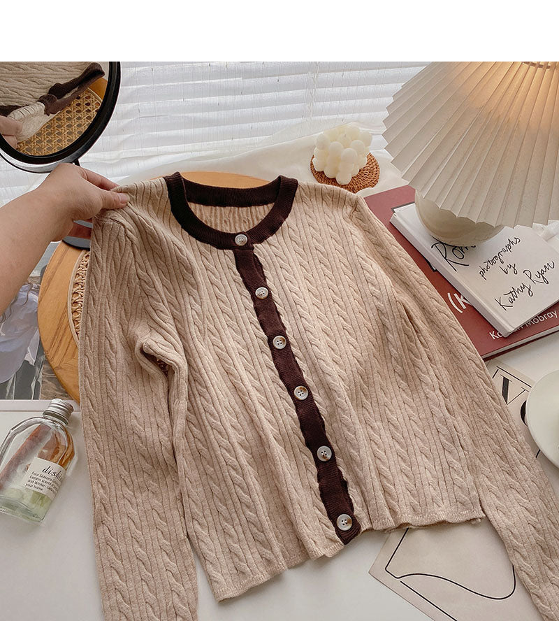 Knitted crew neck cardigan, versatile lazy long sleeve short top 6656