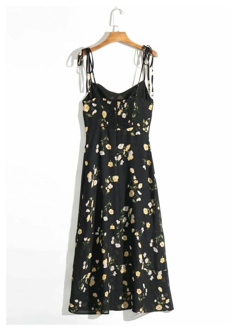 French retro floral black long waist over knee sexy light cooked 7141