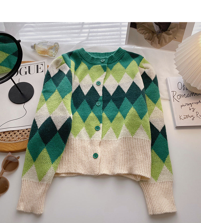 Lingge contrast color sweet retro long sleeved sweater 6206