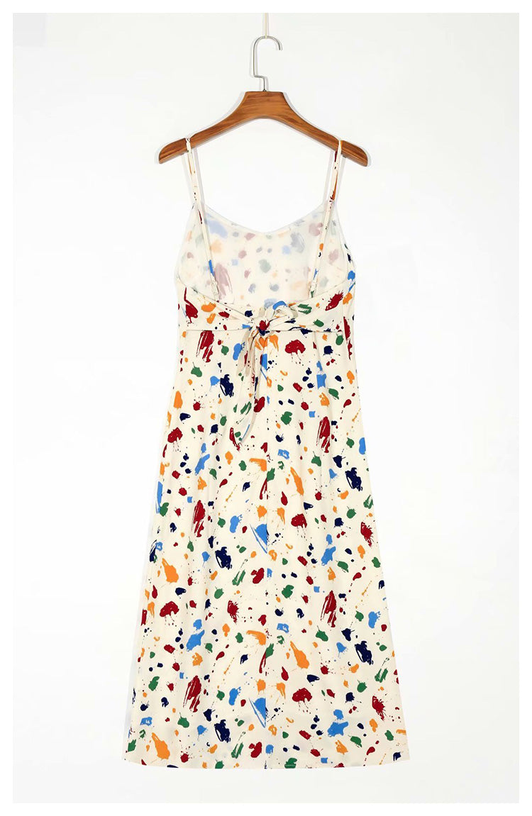 French color dot print backless lace up bow suspender dress 7049