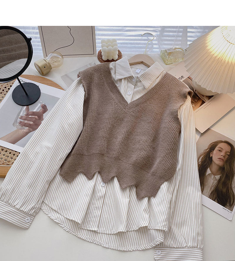 Fashion shirt stitching knitted vest fake two-piece top design 6327
