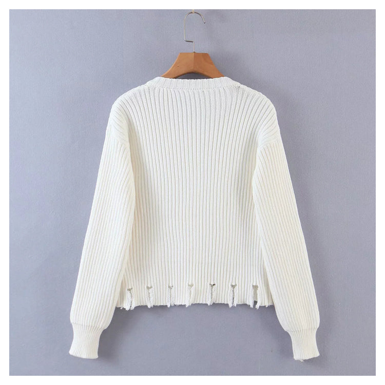 Irregular button round neck long sleeve knitted cardigan sweater 7358