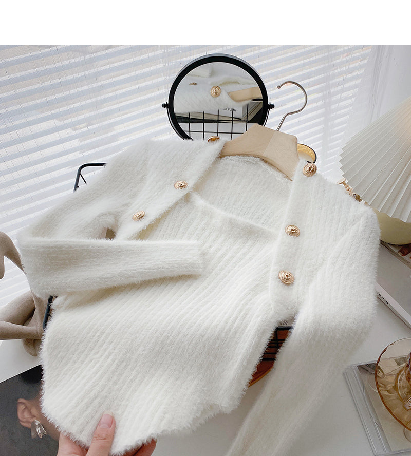 Wool sweater slim fit short small square neck double row button top 6603