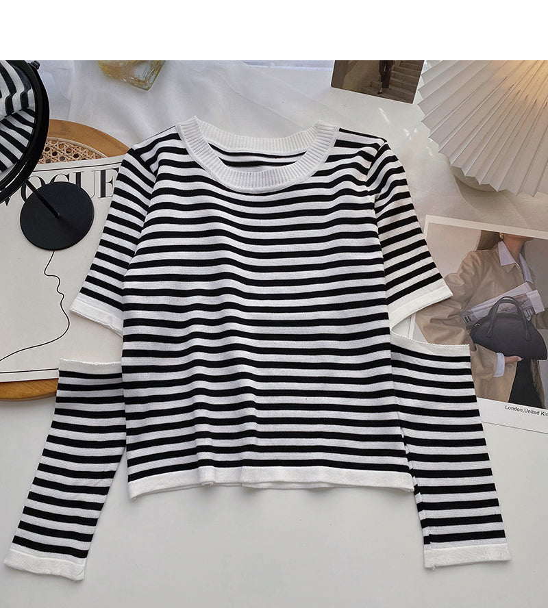 Design sense hollowed out long sleeve sweater slim striped top 6602