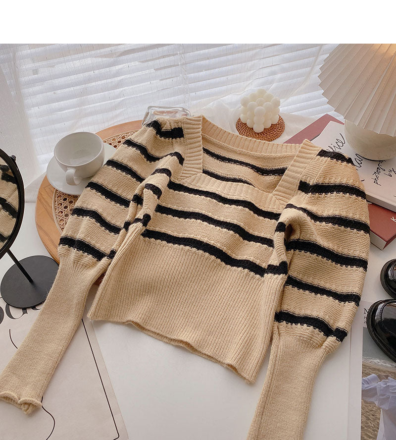 Square neck short lantern long sleeve slim top 6473