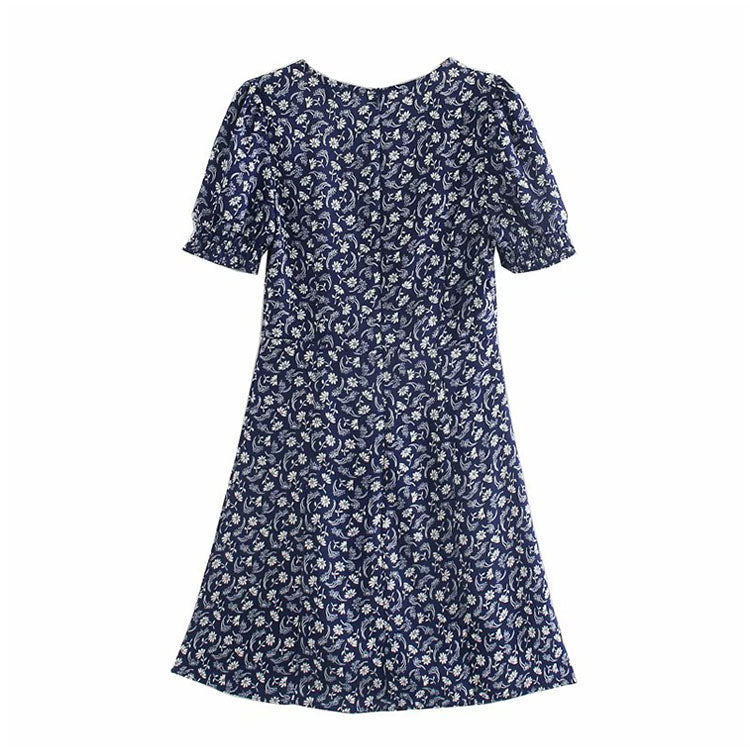 Printed sexy low cut French bubble sleeve dress 7081