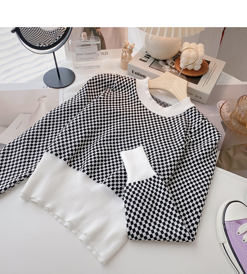 Crew neck contrast Plaid top Vintage long sleeve top 6449