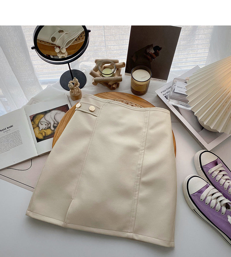 Korean solid color versatile fashion high waist PU leather bag hip skirt 5540