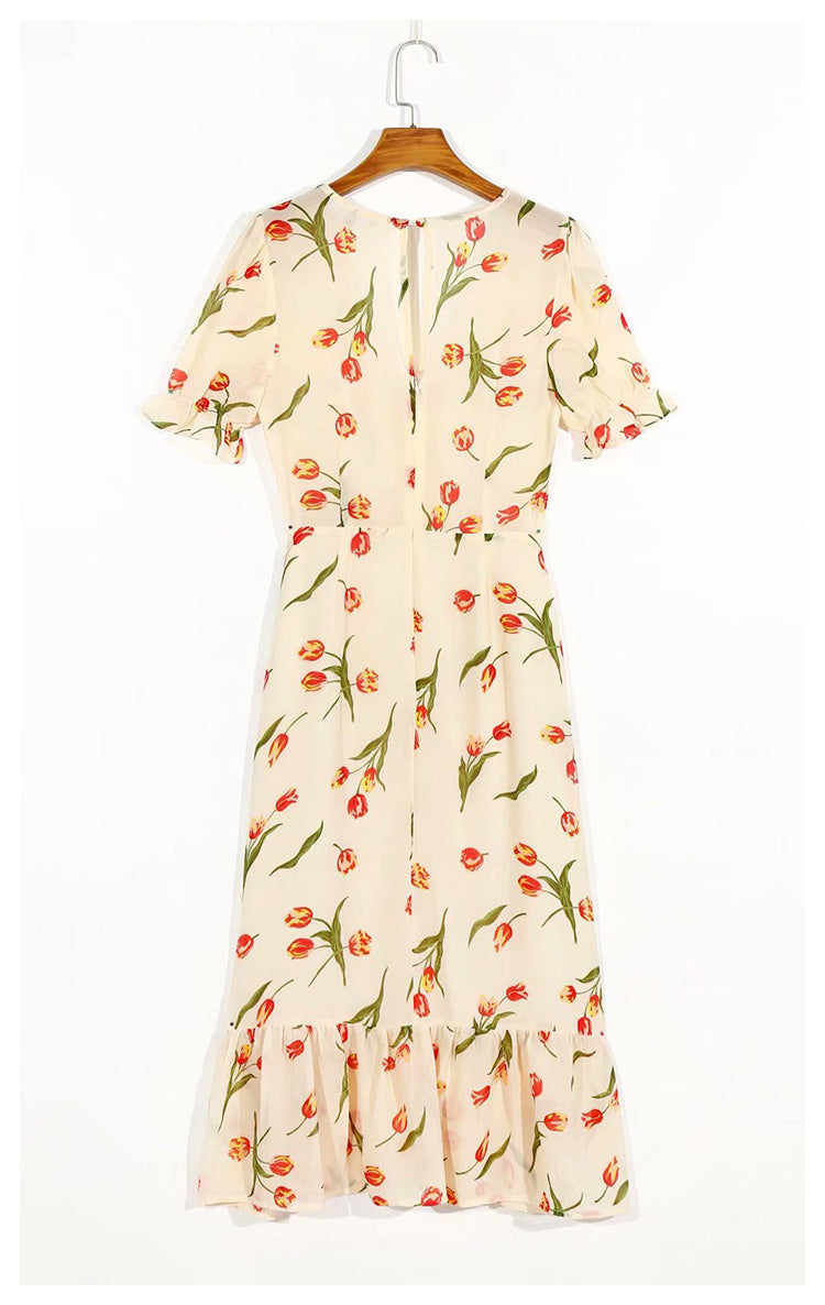 Versatile French printed V-neck split bubble sleeve medium length dress 7048