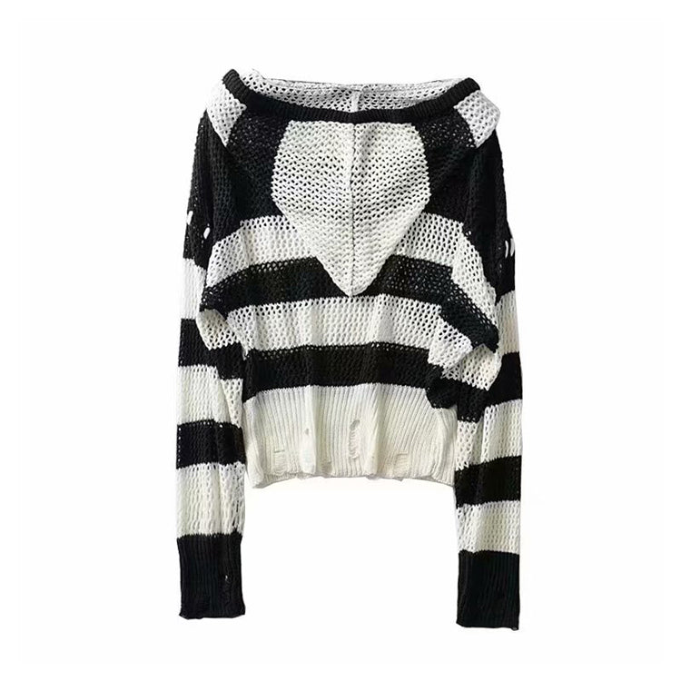 Hong Kong Style Vintage stripe hollowed out design Hooded Sweater 7280