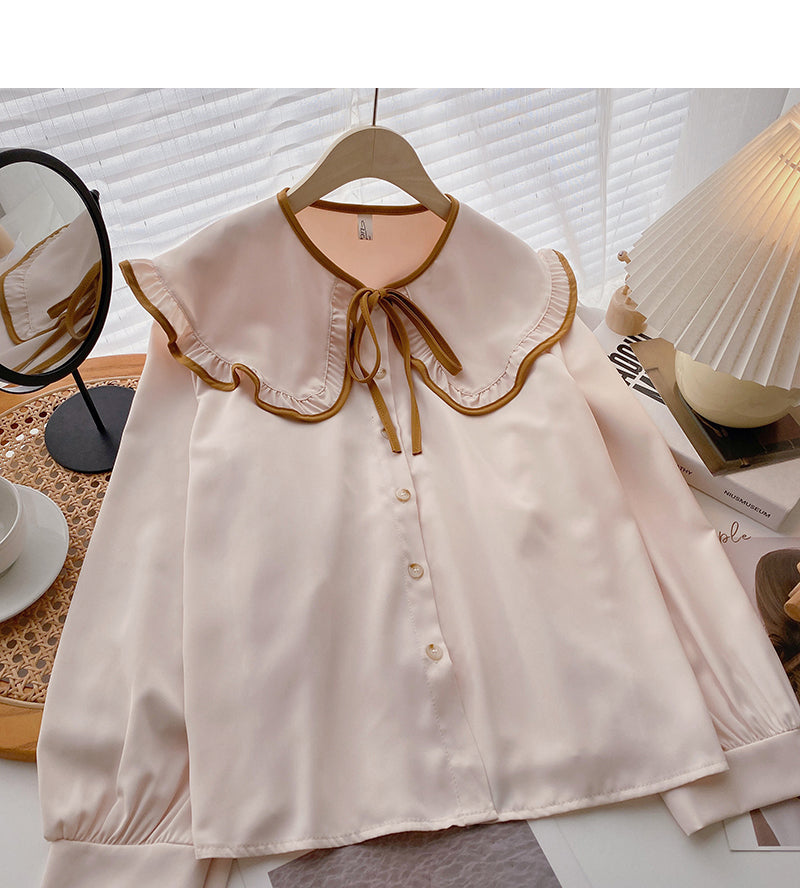 Design sense lace bandage doll neck slim long sleeve top 6391