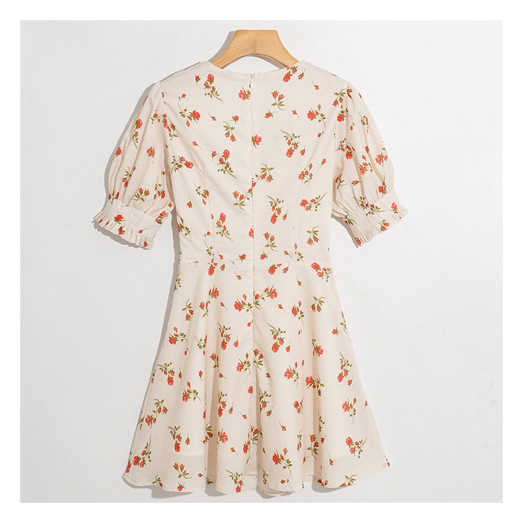 New fashion versatile flower print V-neck slim bandage bubble sleeve dress 7025