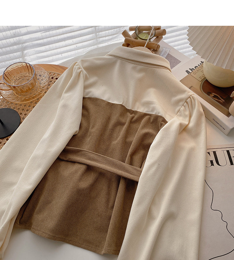 New Korean retro slim waist closed fake two-piece top 6399