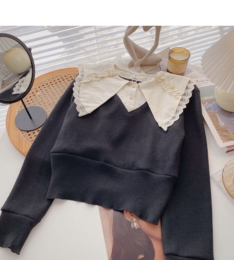 Fashion baby collar stitched sweater Vintage top 6542
