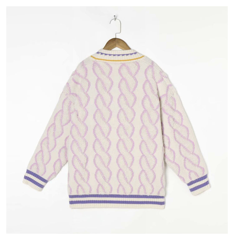 V-neck knitted cardigan autumn casual color matching twist sweater coat 7260