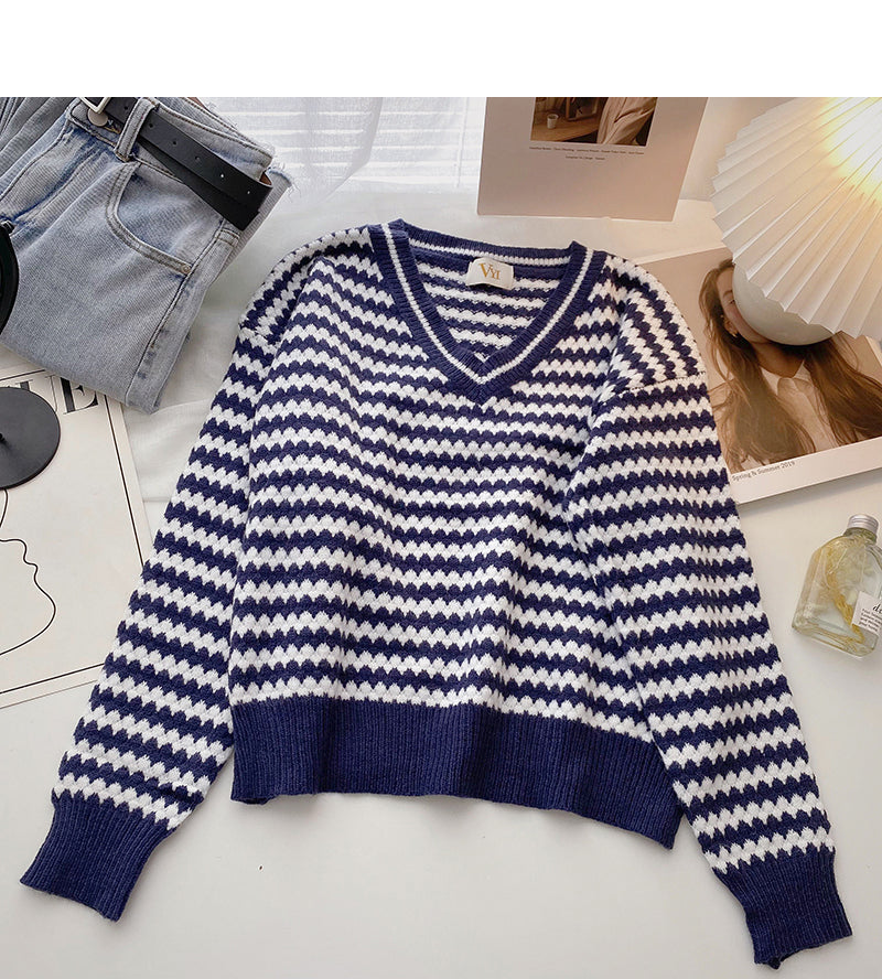 Stripe color contrast V-neck Pullover long sleeve temperament sweater 6000