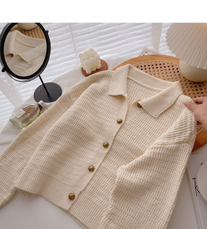 Casual Vintage Lapel long sleeve loose knit top 5872