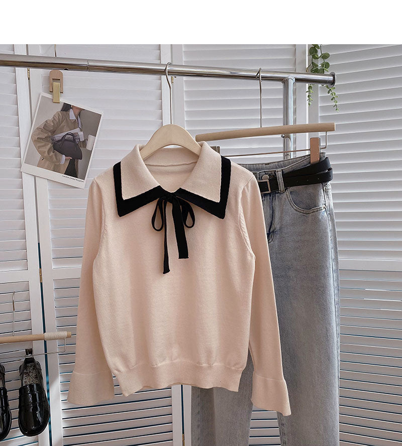 Aging retro contrast Lapel strap flare sleeve top 6673