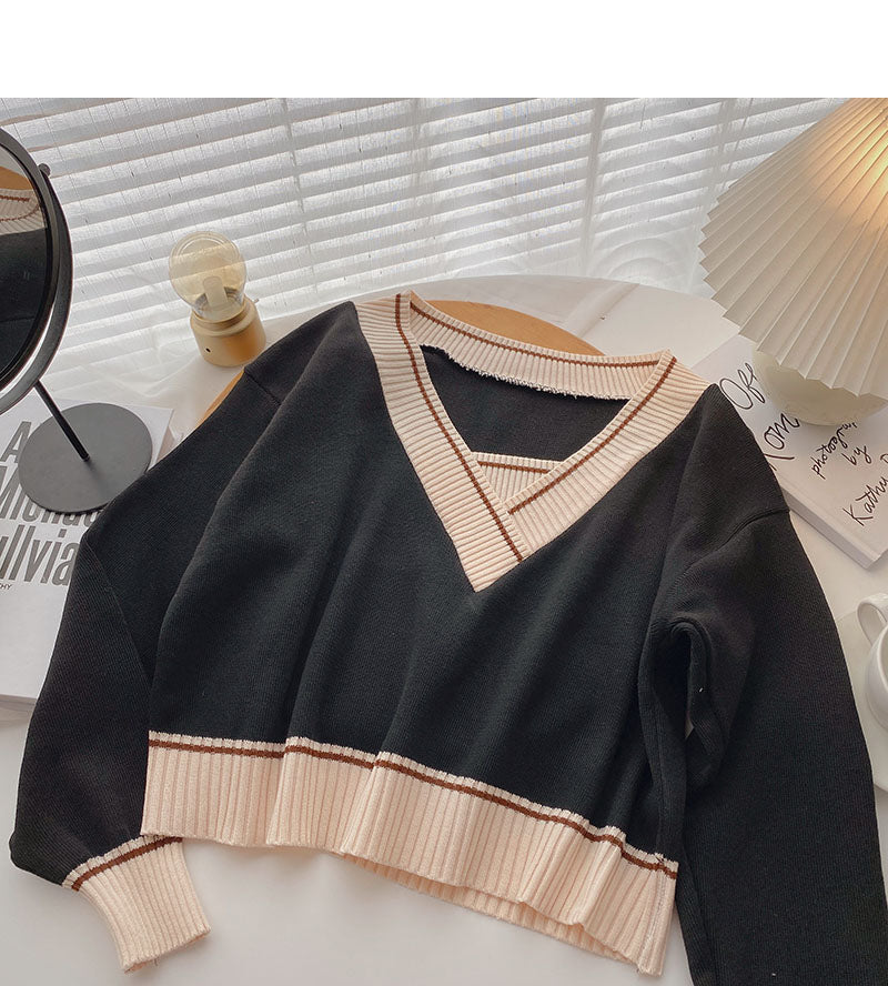 Long sleeve T-shirt retro contrast V-neck short temperament top 6551